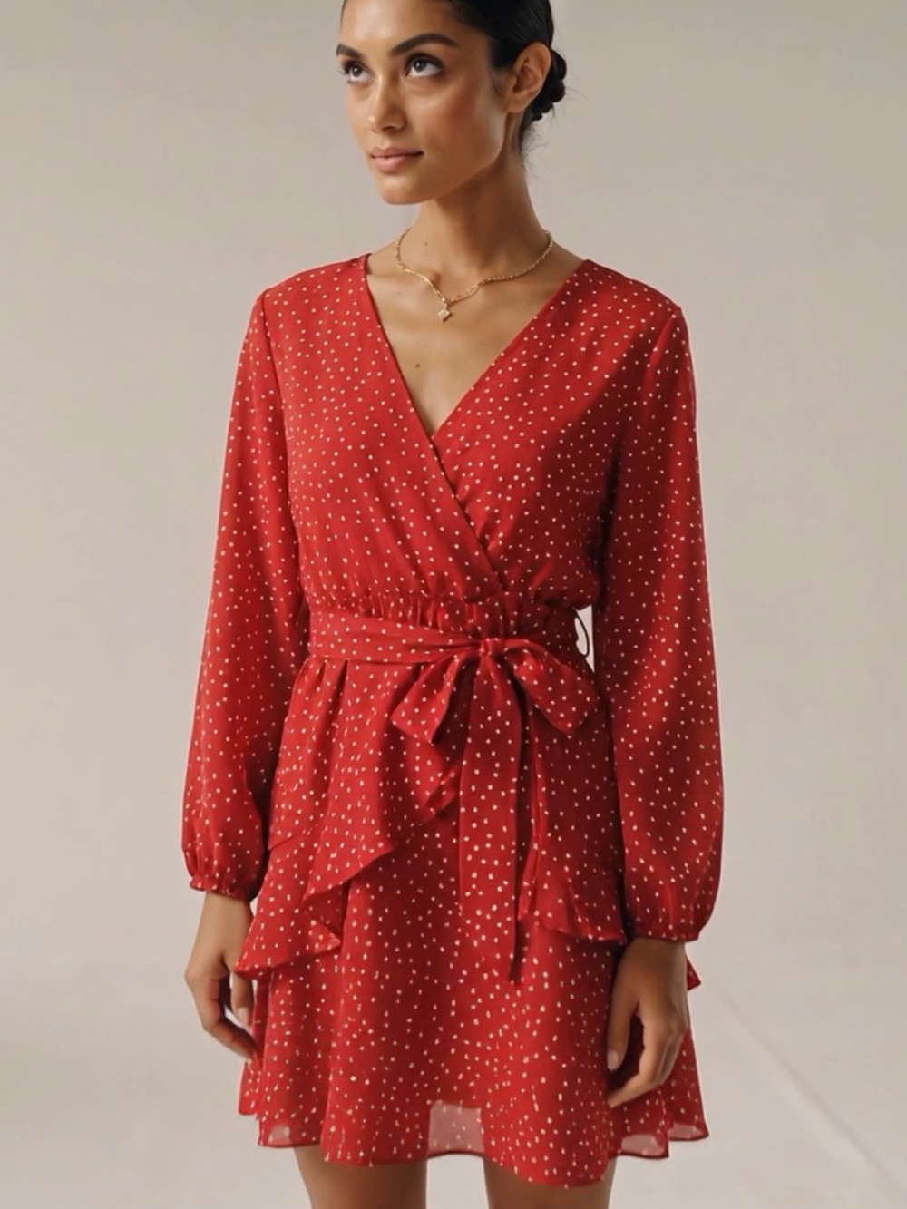 Polka Dot Tie-Waist Long Sleeve Dress in Red